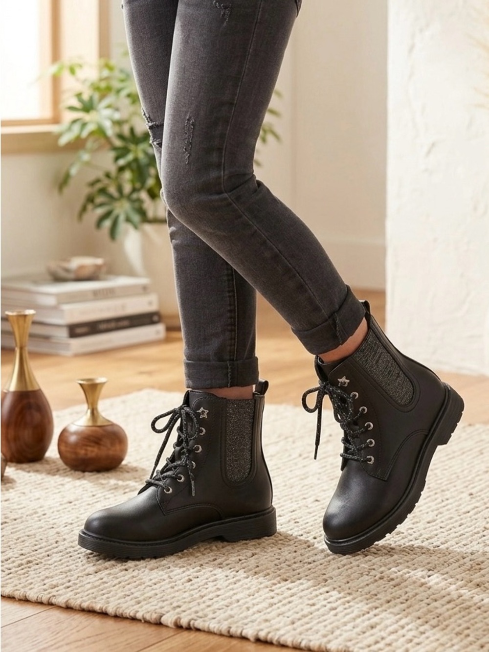 New youth ( big girl )Black Lace-Up Ankle Boots with Sparkle Panel